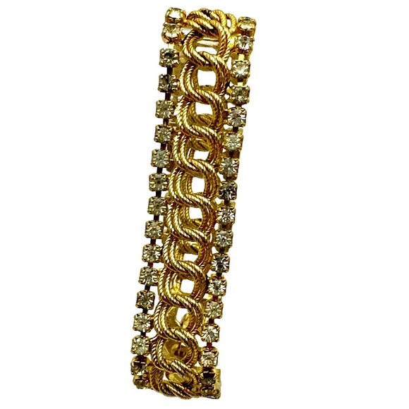 Elegant Costume Gold Tone Bracelet Rhinestone Chain Link Romantic Preppy Glam - Picture 4 of 8